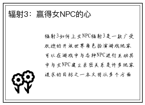 辐射3：赢得女NPC的心